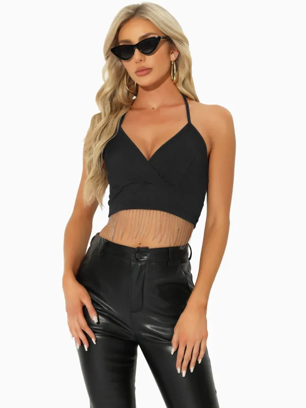 Fringe Sleeveless Tie Halter Neck Party Cropped Cami Top sold by Allegra K