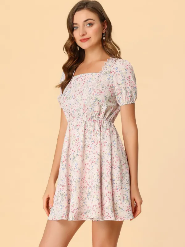 Casual Floral Elastic Waist Square Neck Puff Short Sleeve Dress sold by Allegra K