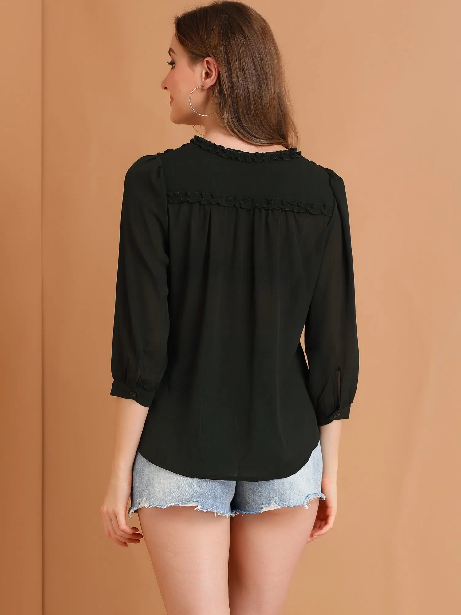 Tie V Neck Frill Trim Puff Sleeve Casual Office Chiffon Blouse Top sold by Allegra K product image thumbnail 4