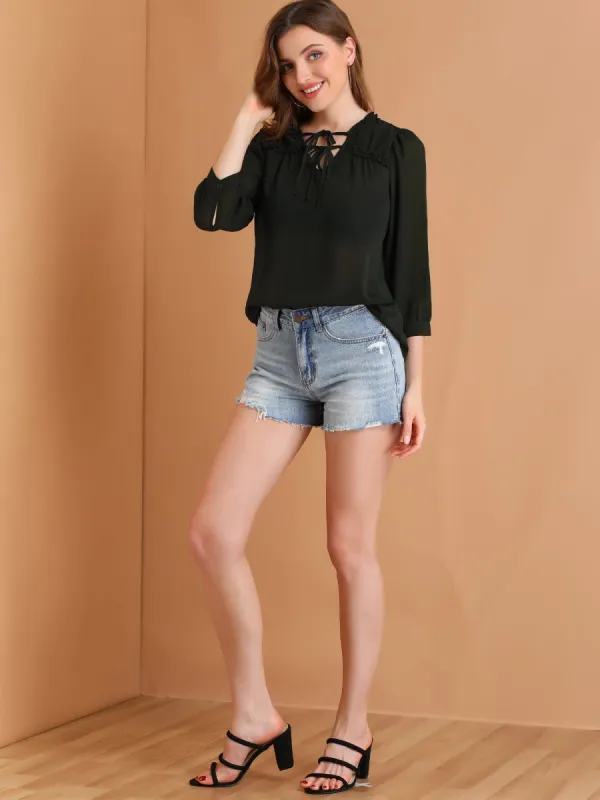 Tie V Neck Frill Trim Puff Sleeve Casual Office Chiffon Blouse Top sold by Allegra K
