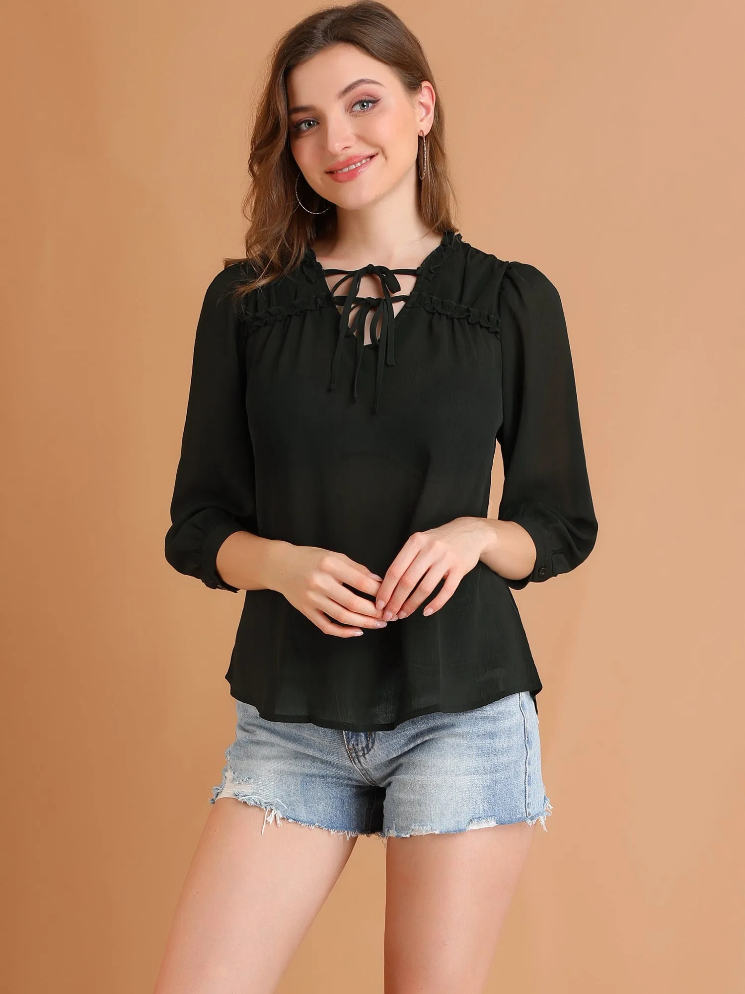 Tie V Neck Frill Trim Puff Sleeve Casual Office Chiffon Blouse Top sold by Allegra K product image thumbnail 2