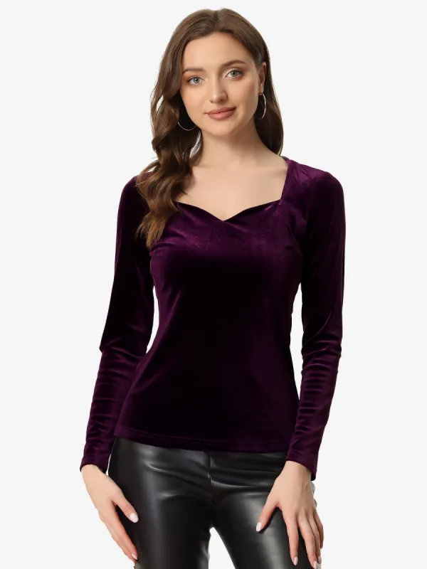 Casual Velvet Long Sleeve Solid Color Sweetheart Neck Blouse sold by Allegra K