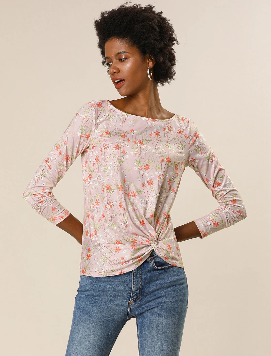 Twist Front Asymmetrical Hem Boat Neck Long Sleeve Floral Blouse Top sold by Allegra K product image thumbnail 4