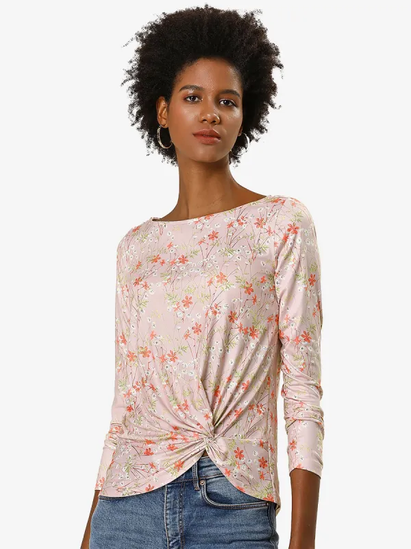 Twist Front Asymmetrical Hem Boat Neck Long Sleeve Floral Blouse Top sold by Allegra K