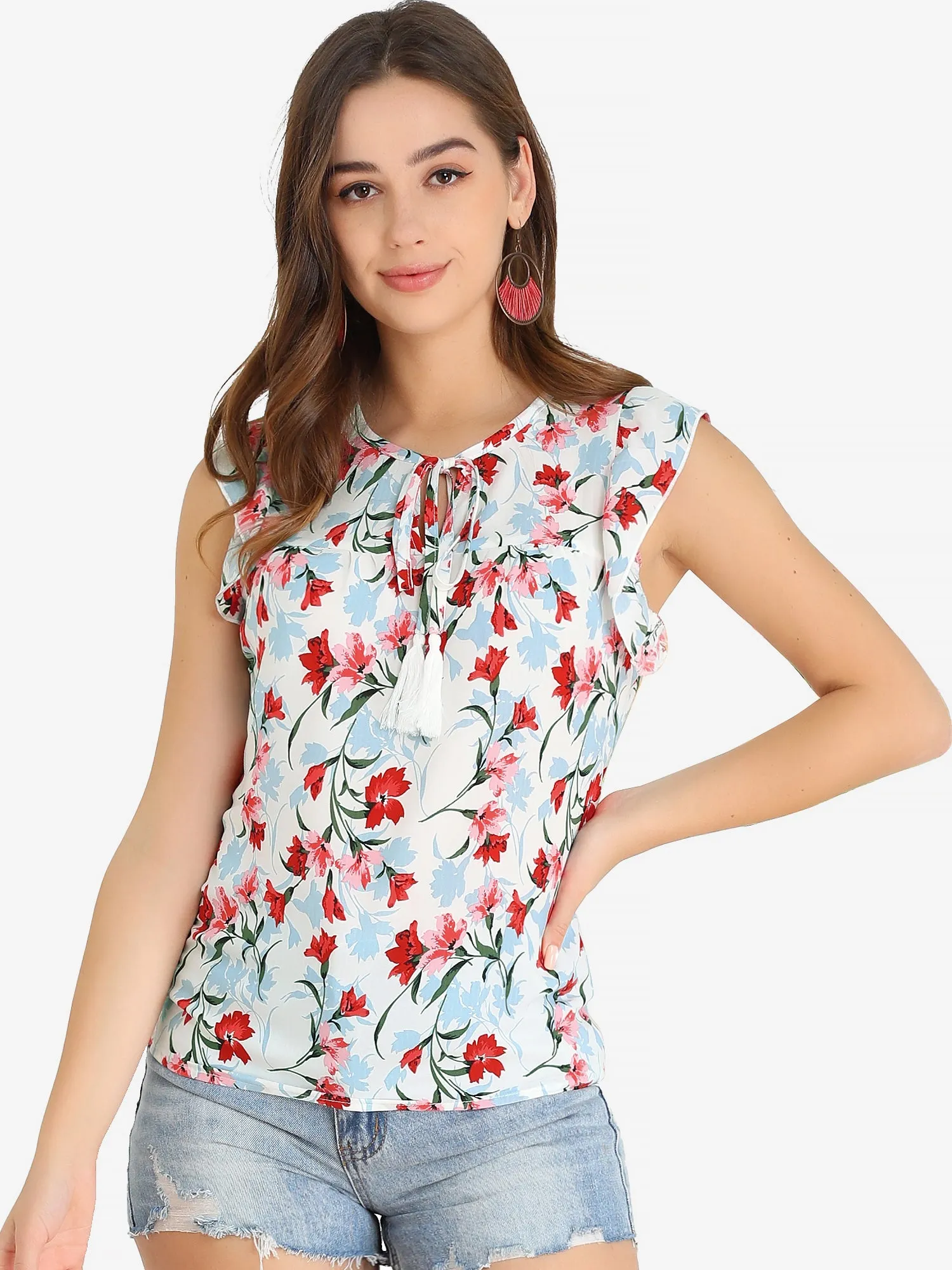 Floral Self Tie Neck Tassel Sleeveless Ruffle Shirt Blouse sold by Allegra K