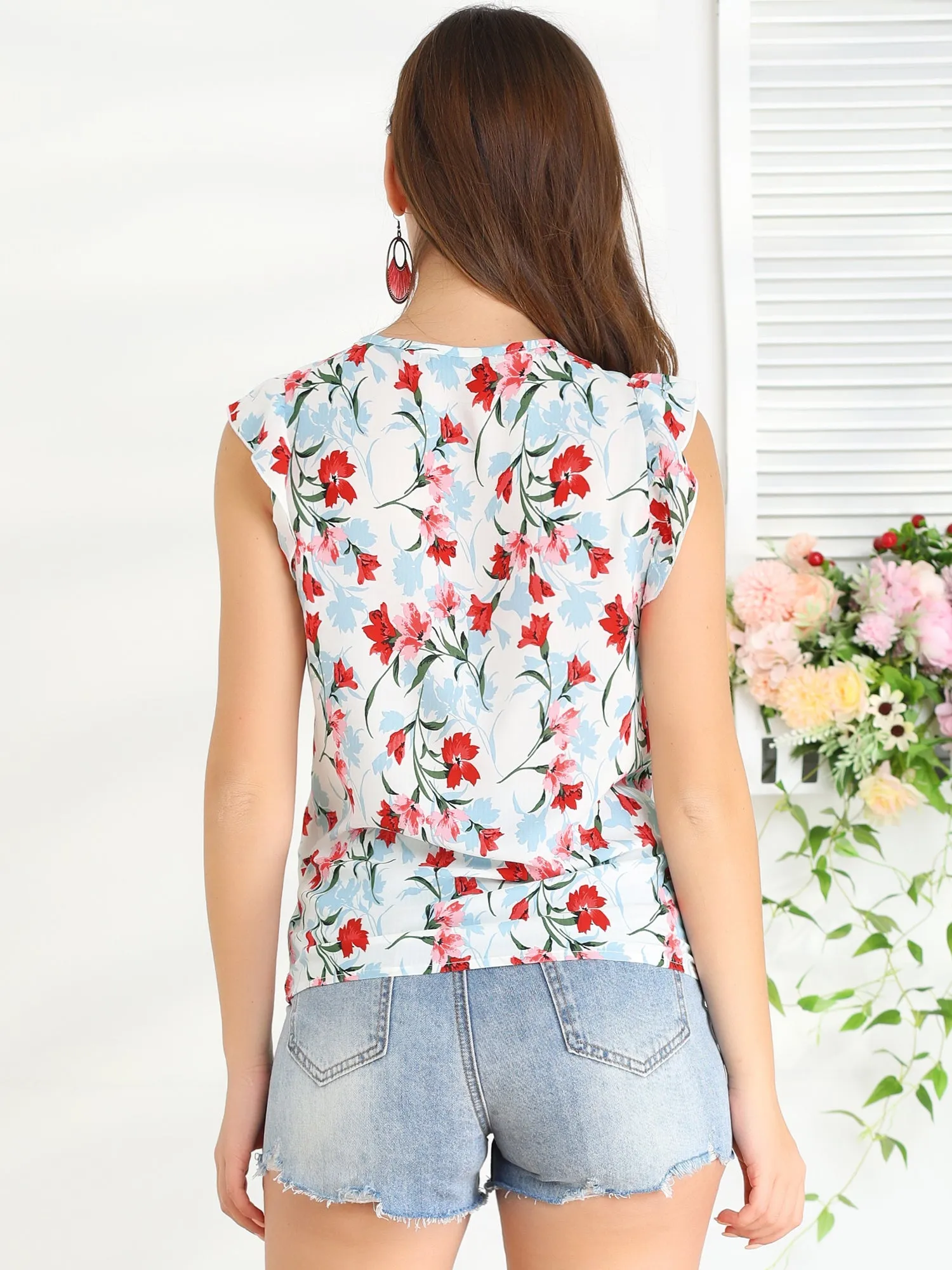 Floral Self Tie Neck Tassel Sleeveless Ruffle Shirt Blouse sold by Allegra K product image thumbnail 5