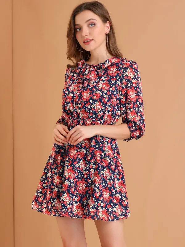 Ruffled Tie Neck 3/4 Puff Sleeve Flowy Mini Floral Dress sold by Allegra K