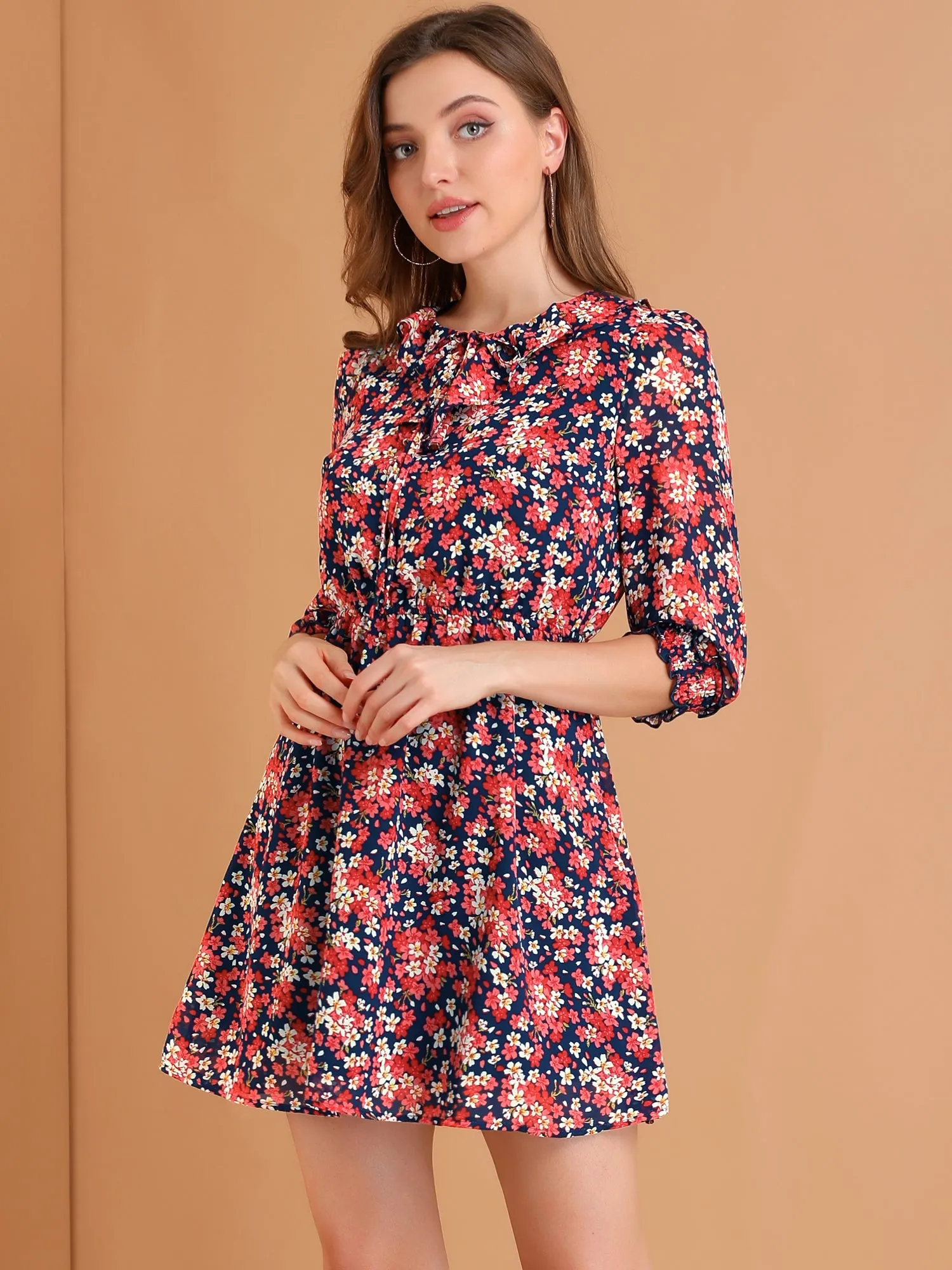 Ruffled Tie Neck 3/4 Puff Sleeve Flowy Mini Floral Dress sold by Allegra K