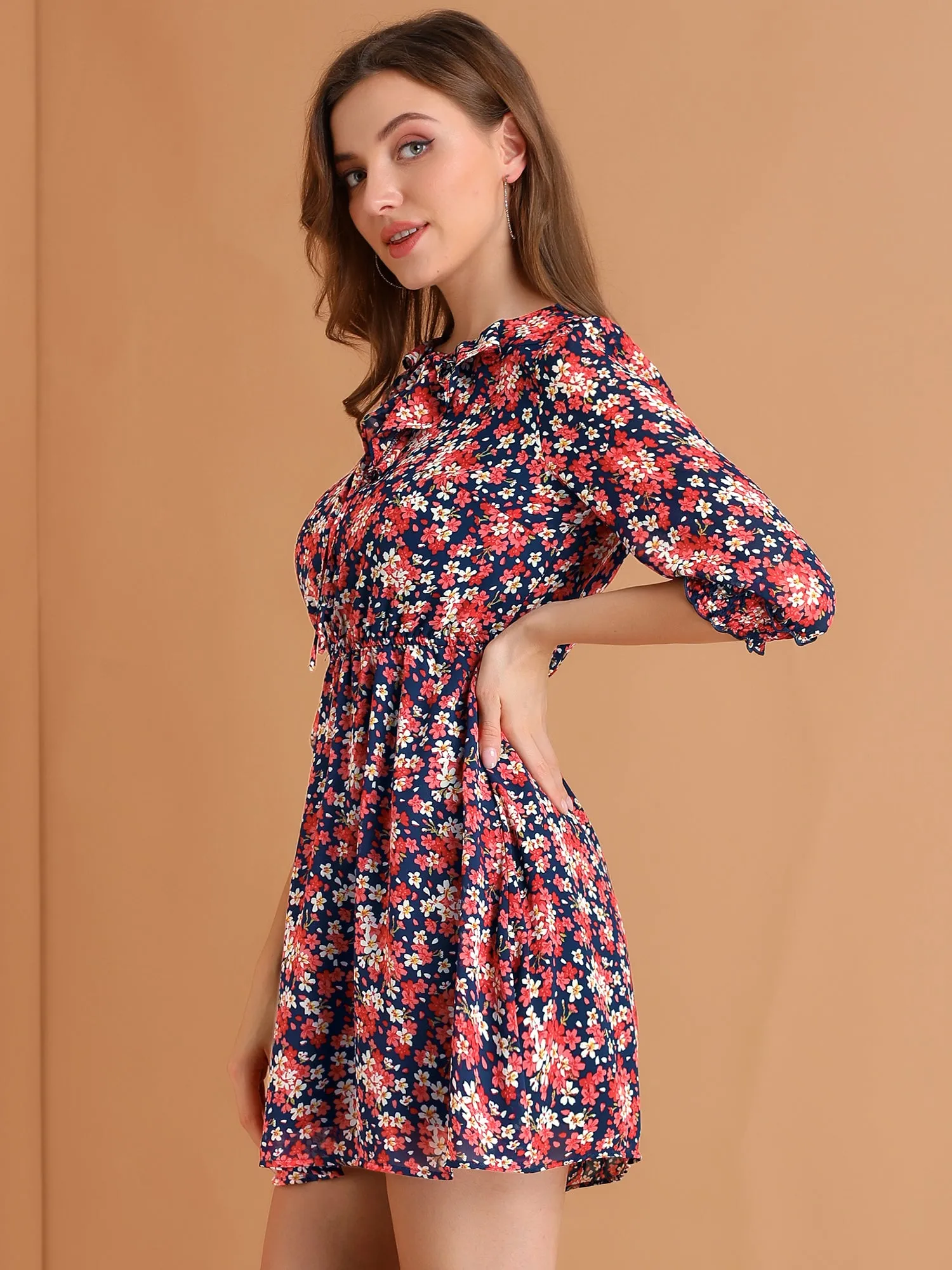 Ruffled Tie Neck 3/4 Puff Sleeve Flowy Mini Floral Dress sold by Allegra K product image thumbnail 4