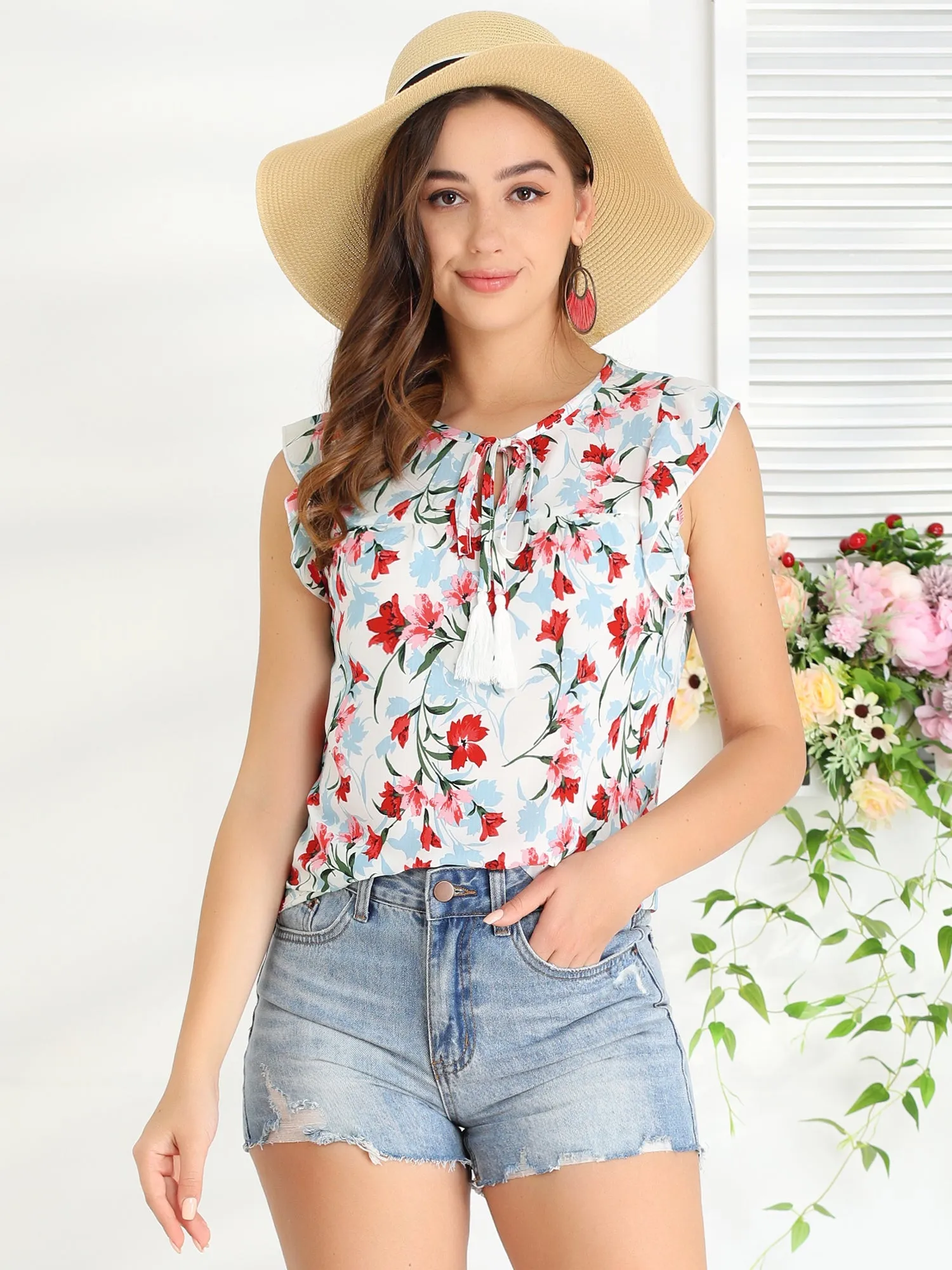 Floral Self Tie Neck Tassel Sleeveless Ruffle Shirt Blouse sold by Allegra K product image thumbnail 3