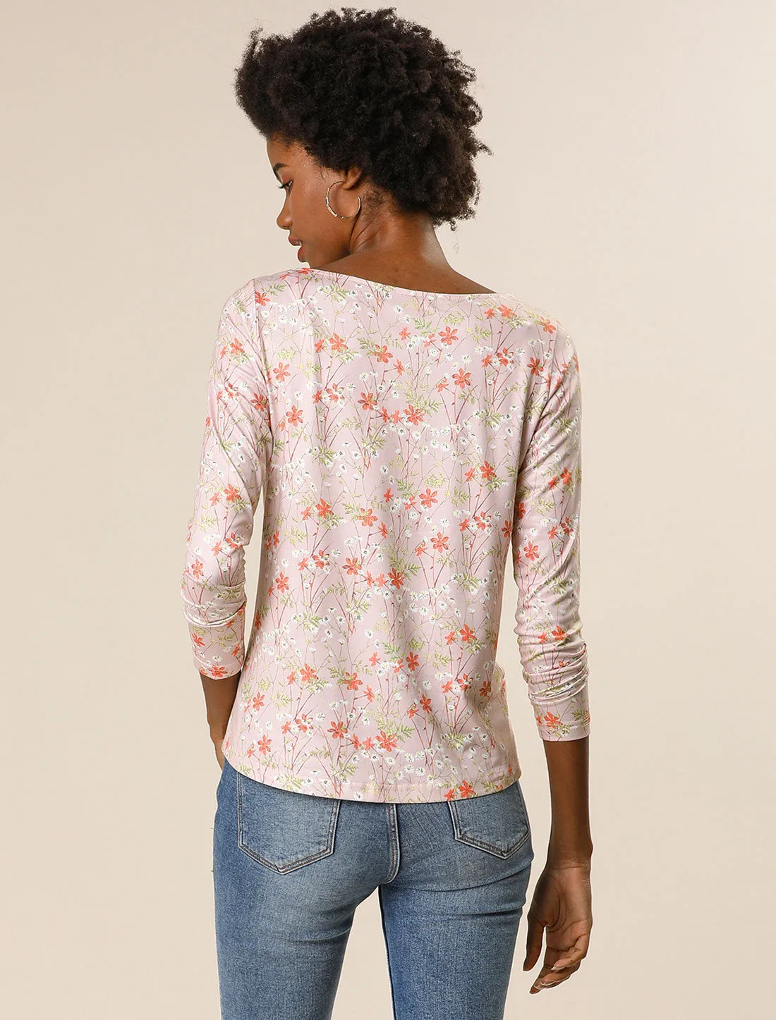 Twist Front Asymmetrical Hem Boat Neck Long Sleeve Floral Blouse Top sold by Allegra K product image thumbnail 5