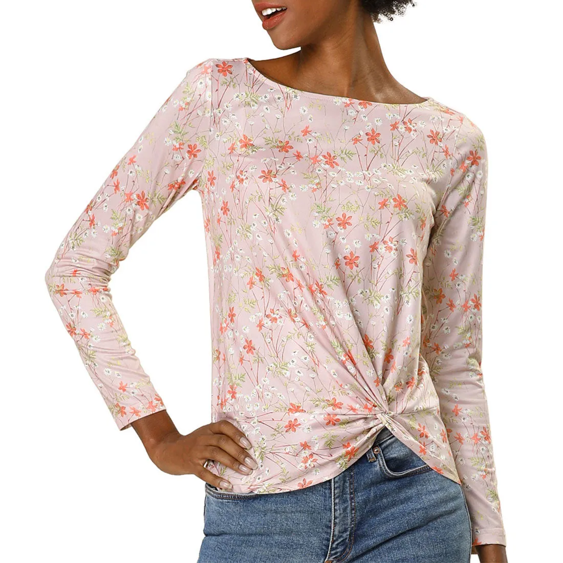 Twist Front Asymmetrical Hem Boat Neck Long Sleeve Floral Blouse Top sold by Allegra K product image thumbnail 2