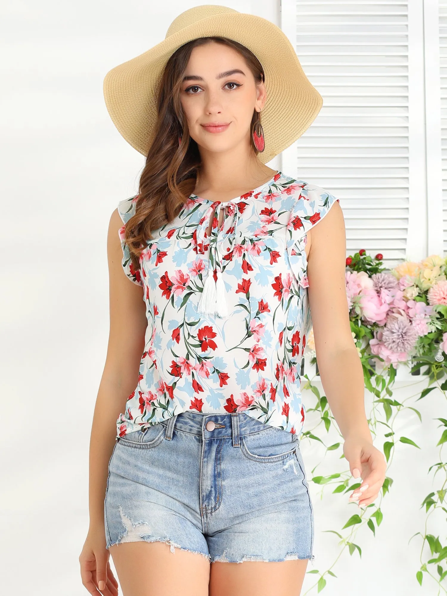 Floral Self Tie Neck Tassel Sleeveless Ruffle Shirt Blouse sold by Allegra K product image thumbnail 2