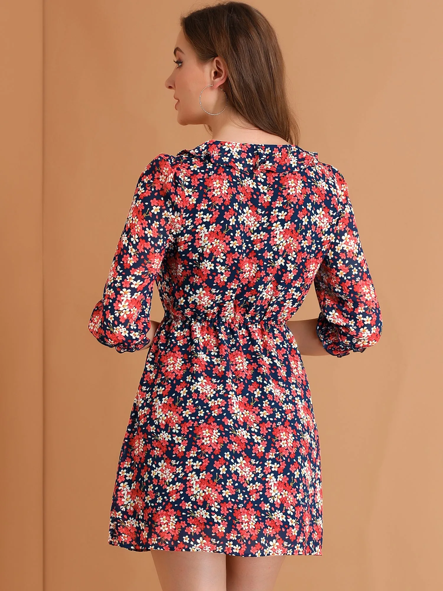 Ruffled Tie Neck 3/4 Puff Sleeve Flowy Mini Floral Dress sold by Allegra K product image thumbnail 5