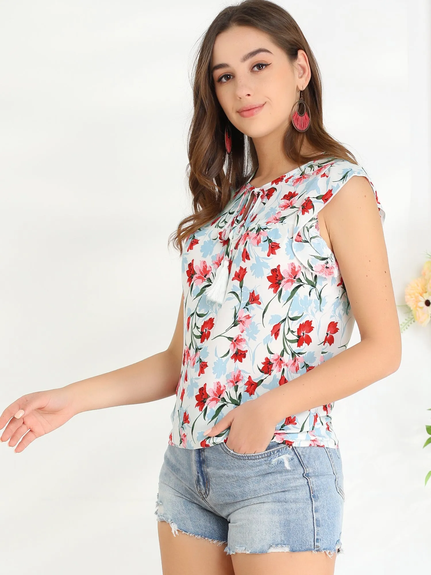 Floral Self Tie Neck Tassel Sleeveless Ruffle Shirt Blouse sold by Allegra K product image thumbnail 4