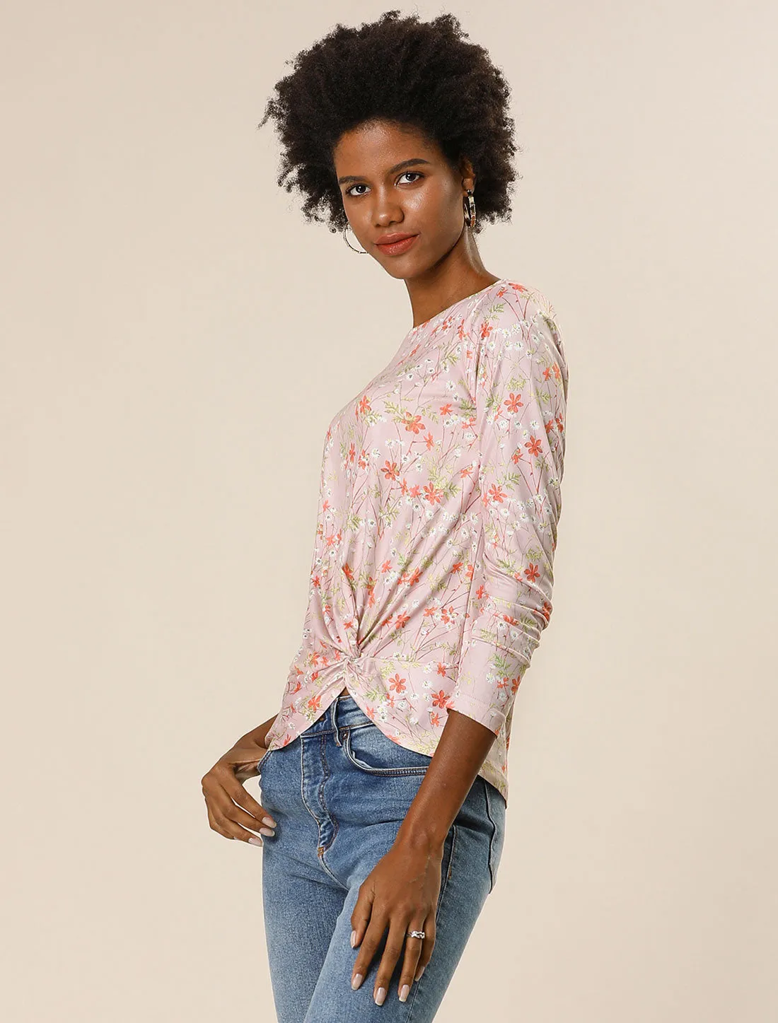Twist Front Asymmetrical Hem Boat Neck Long Sleeve Floral Blouse Top sold by Allegra K product image thumbnail 3