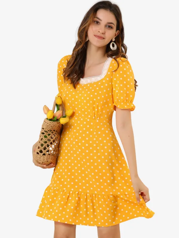 Summer Sweetheart Neck Ruffled Hem Puff Short Sleeve Polka Dots Dress sold by Allegra K