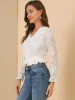 Peter Pan Collar Smocked Waist Ruffled Trim Floral Lace Crop Top sold by Allegra K