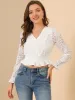 Peter Pan Collar Smocked Waist Ruffled Trim Floral Lace Crop Top sold by Allegra K