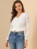 Peter Pan Collar Smocked Waist Ruffled Trim Floral Lace Crop Top sold by Allegra K