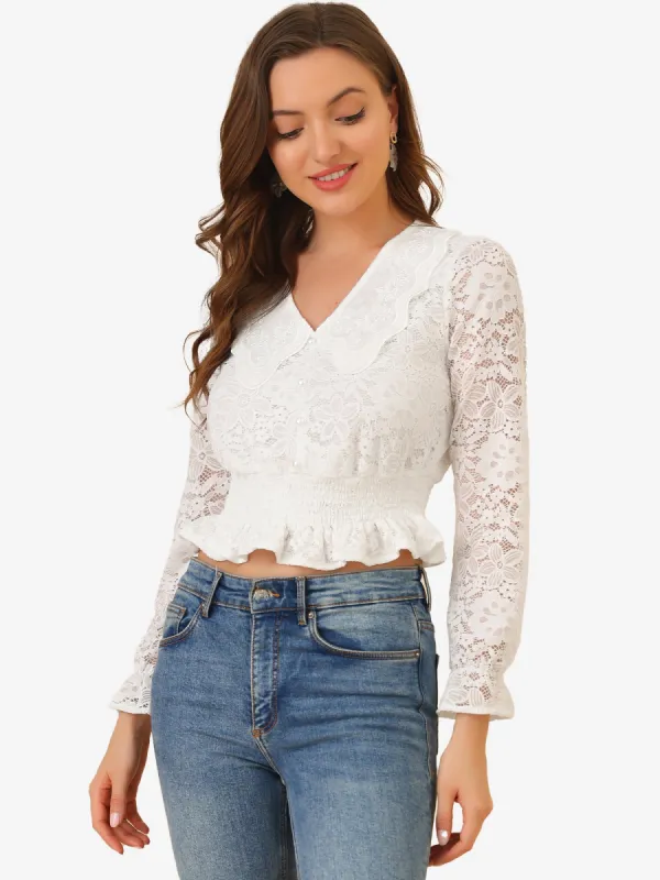 Peter Pan Collar Smocked Waist Ruffled Trim Floral Lace Crop Top sold by Allegra K