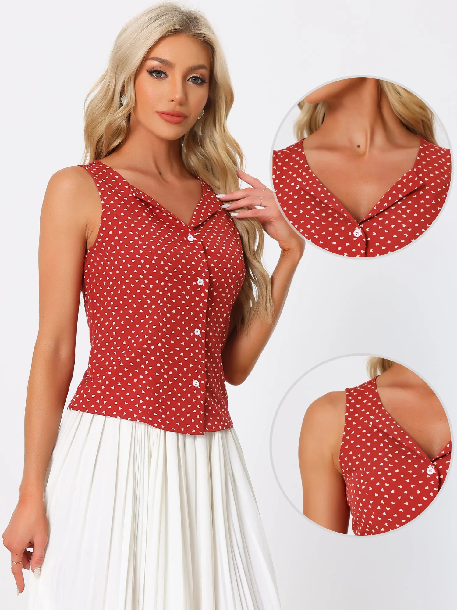 Sleeveless Heart Print V-neck Button Down Vintage Blouse sold by Allegra K product image thumbnail 2