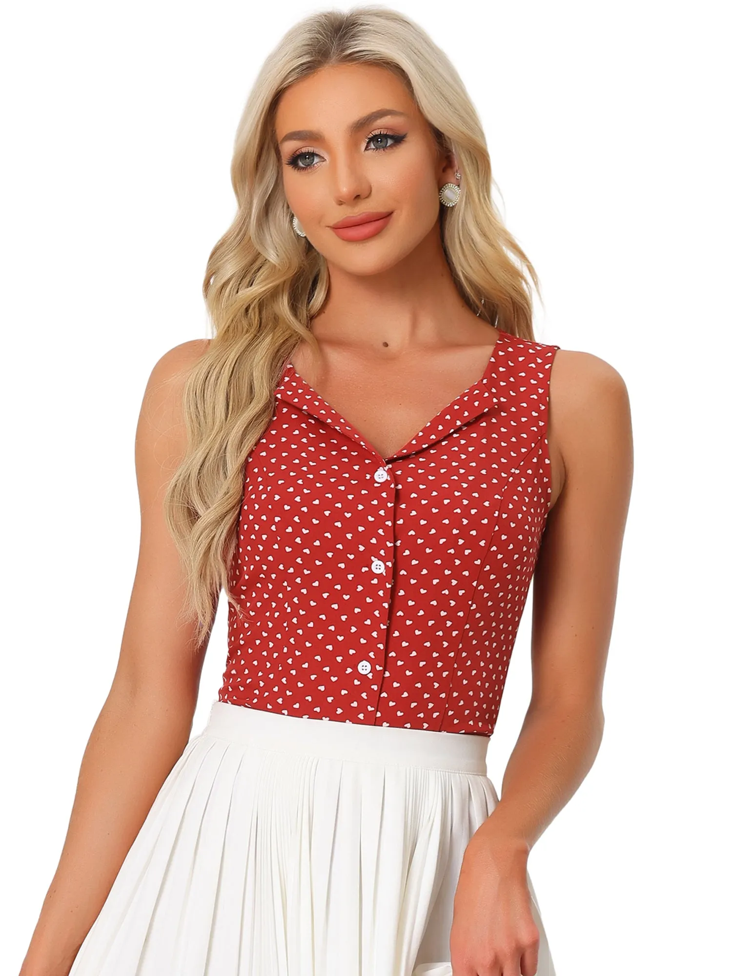 Sleeveless Heart Print V-neck Button Down Vintage Blouse sold by Allegra K product image thumbnail 4