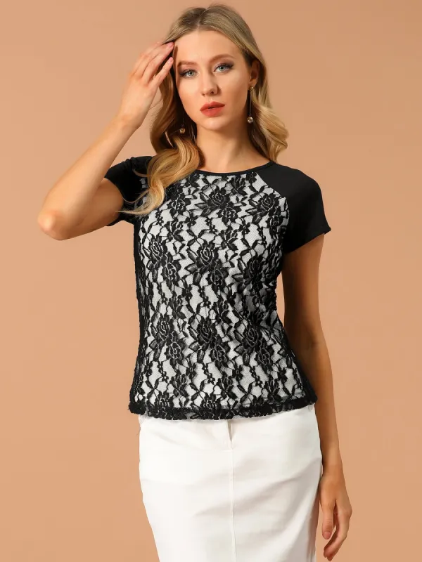 Casual Round Neck Tops Short Sleeve Lace Floral Blouse sold by Allegra K