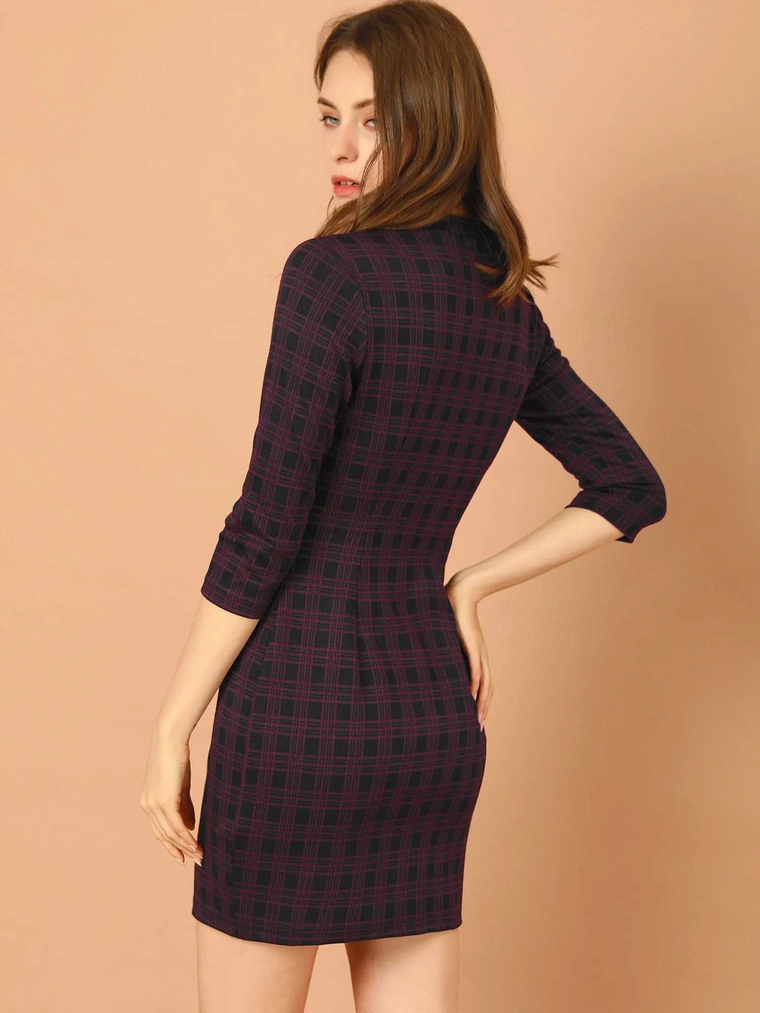Mock Neck 3/4 Sleeve Slim Check Office Work Plaid Dress sold by Allegra K product image thumbnail 5