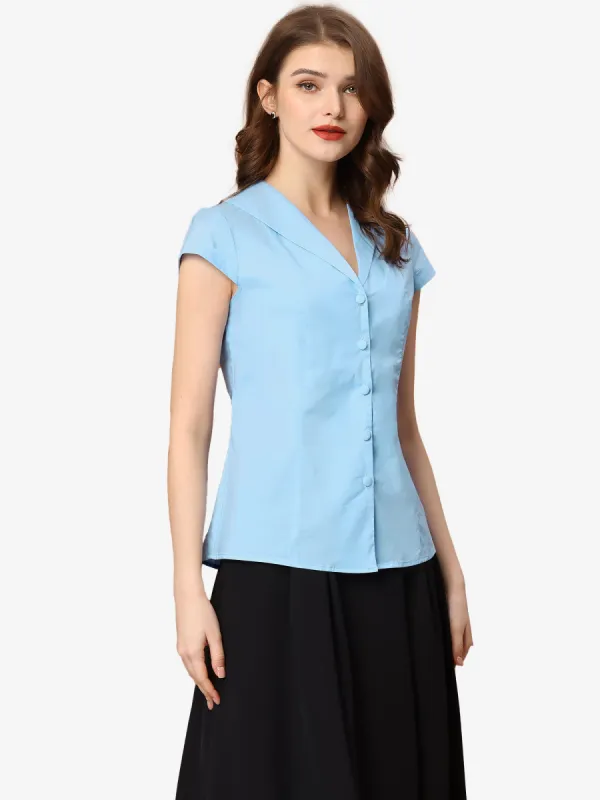 Vintage Work Blouse V Neck Collared Button Down Cap Sleeve Shirt sold by Allegra K