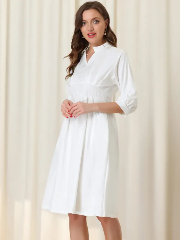 Casual V Neck Stand Collar Puff Elbow Sleeve Flare Midi Dress sold by Allegra K