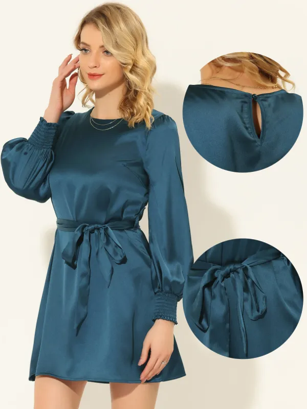 Satin Lantern Sleeve Round Neck Keyhole Back Tie Waist Shift Dress sold by Allegra K