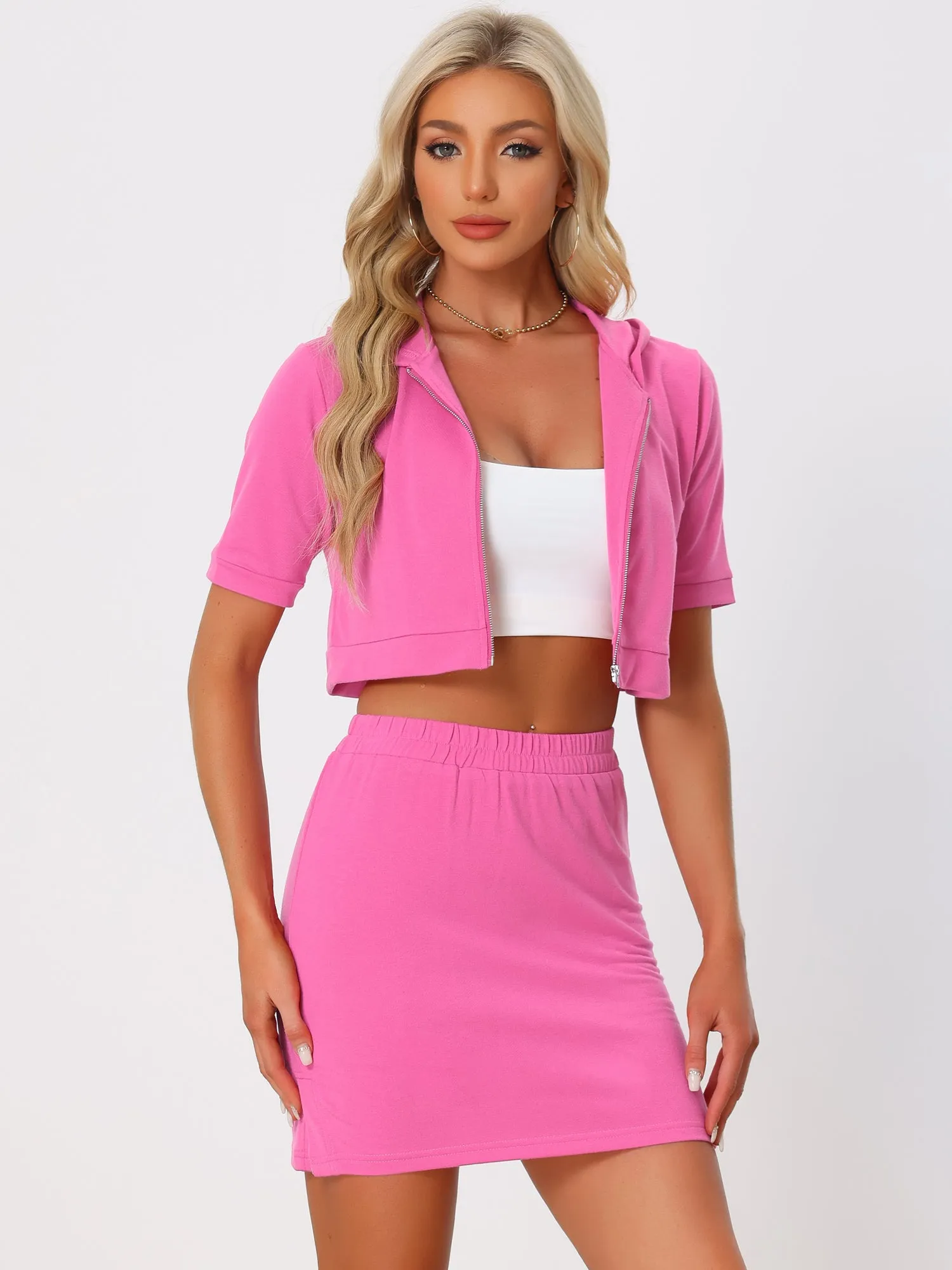 Allegra K 2 Piece Outfits Short Sleeve Hoodie Zip Up Jackets & Mini Skirts Set sold by Allegra K