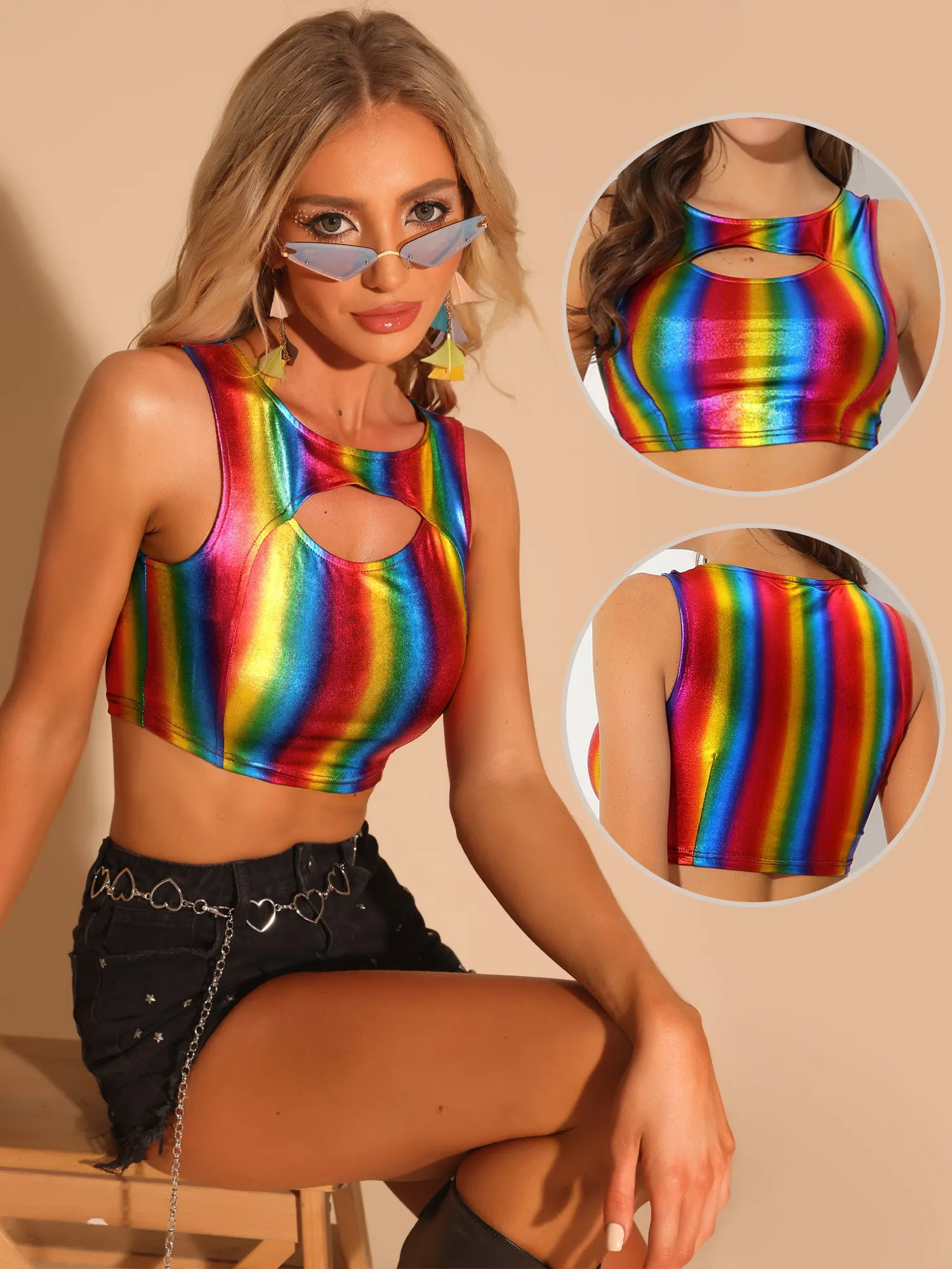 Metallic Shiny Sleeveless Cut Out Party Holographic Crop Top sold by Allegra K product image thumbnail 2