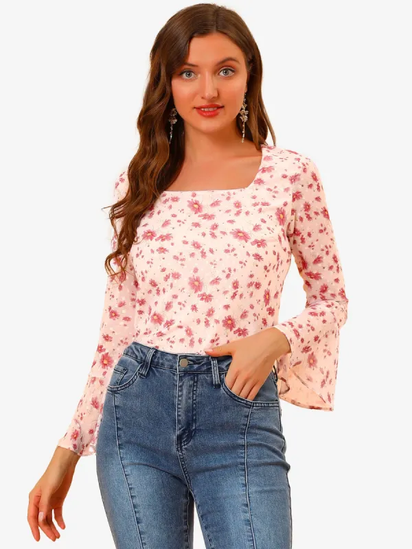 Floral Chiffon Square Neck Ruffle Bell Sleeve Blouse sold by Allegra K