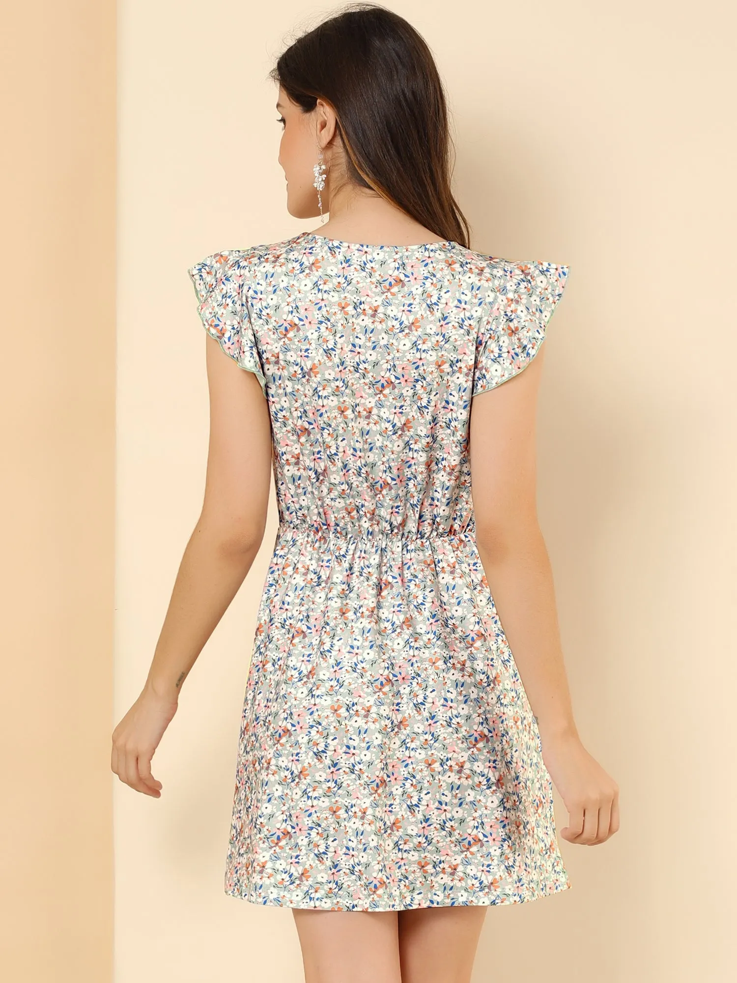 Summer Floral Ruffle Sleeve Ruched V Neck A-Line Short Dress sold by Allegra K product image thumbnail 5