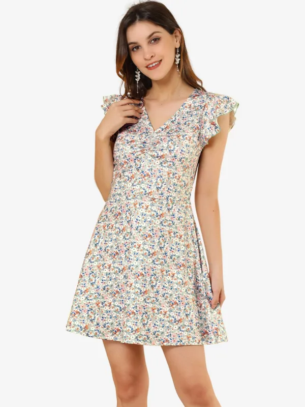 Summer Floral Ruffle Sleeve Ruched V Neck A-Line Short Dress sold by Allegra K