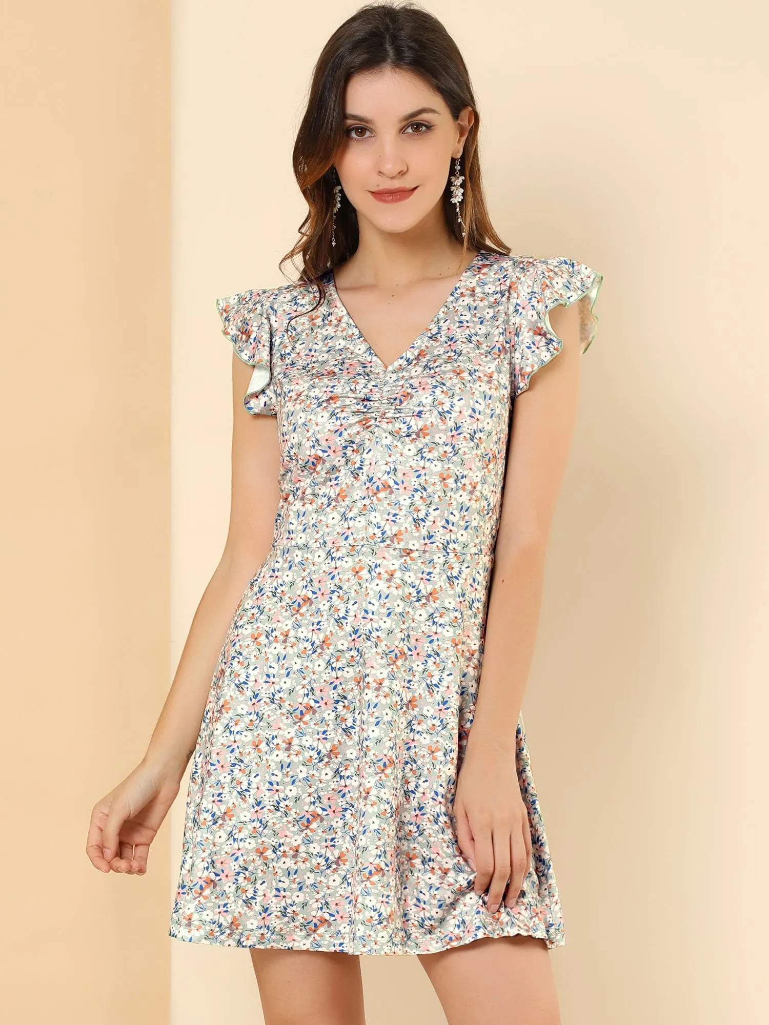 Summer Floral Ruffle Sleeve Ruched V Neck A-Line Short Dress sold by Allegra K product image thumbnail 3