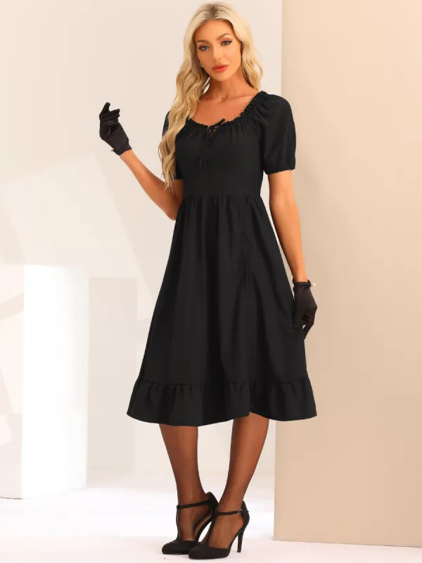 Vintage Ruffle Square Neck Smocked Back Ruched High Low Ruffle Midi Dress sold by Allegra K