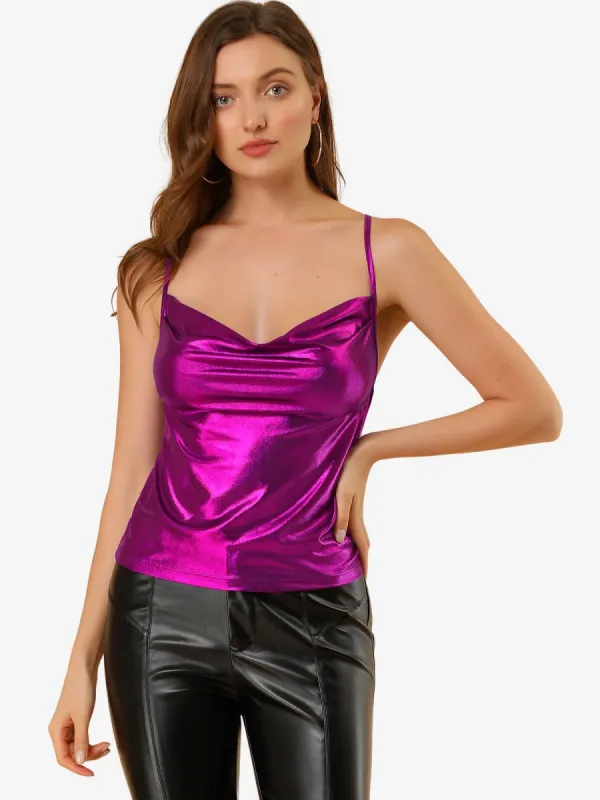 Metallic Glitter Spaghetti Strap Camisole Cowl Neck Sparkly Club Top sold by Allegra K