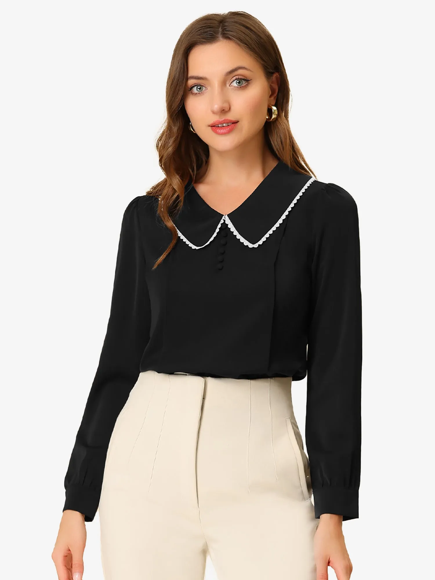 Peter Pan Collar Crochet Trim Long Sleeve Chiffon Office Blouse sold by Allegra K