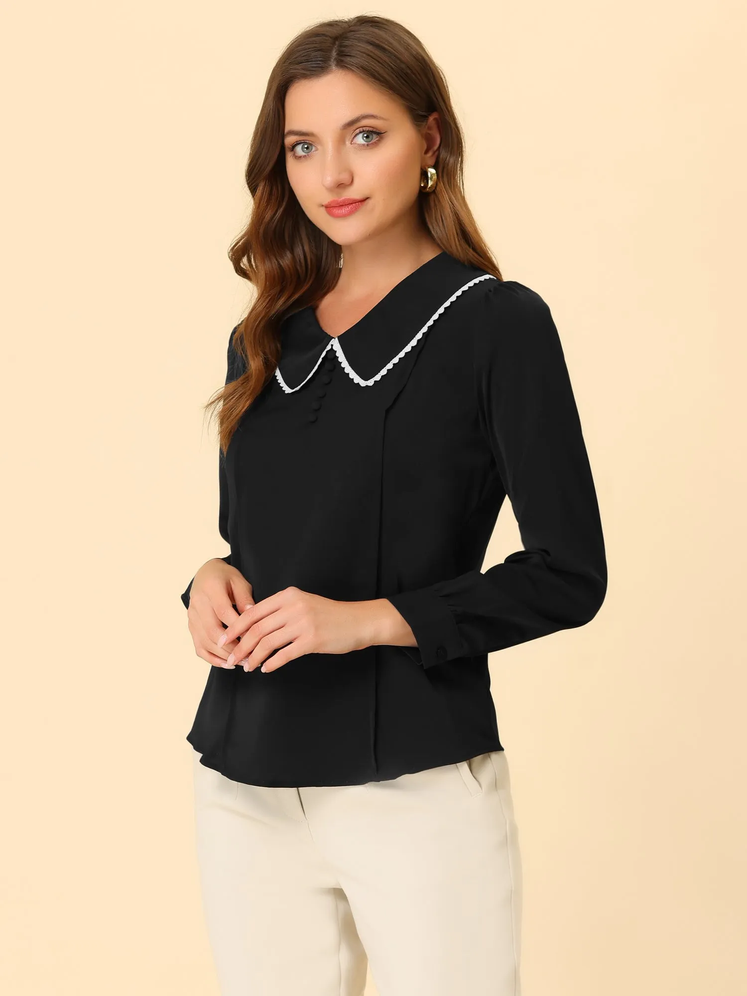 Peter Pan Collar Crochet Trim Long Sleeve Chiffon Office Blouse sold by Allegra K product image thumbnail 3