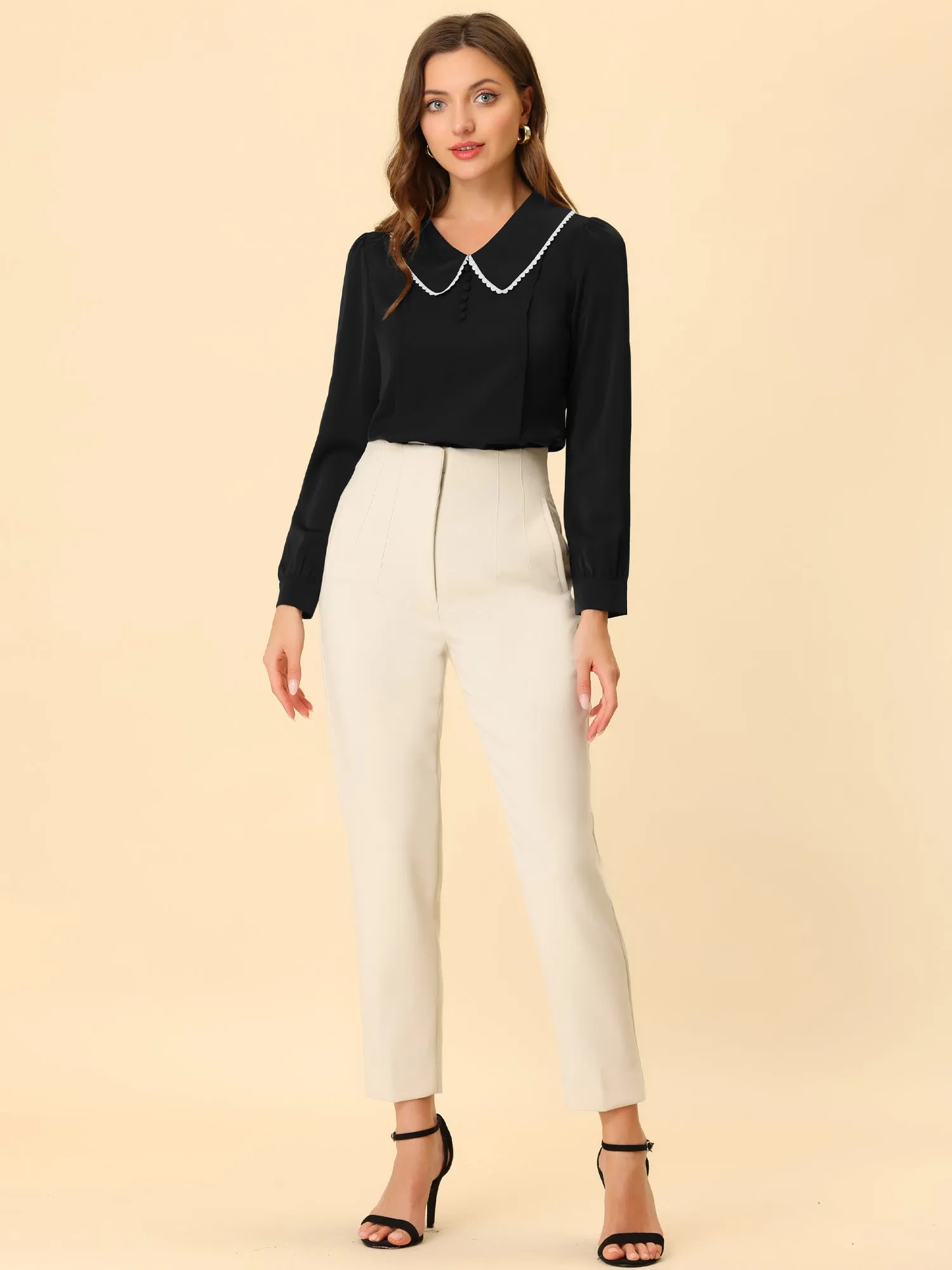 Peter Pan Collar Crochet Trim Long Sleeve Chiffon Office Blouse sold by Allegra K product image thumbnail 2