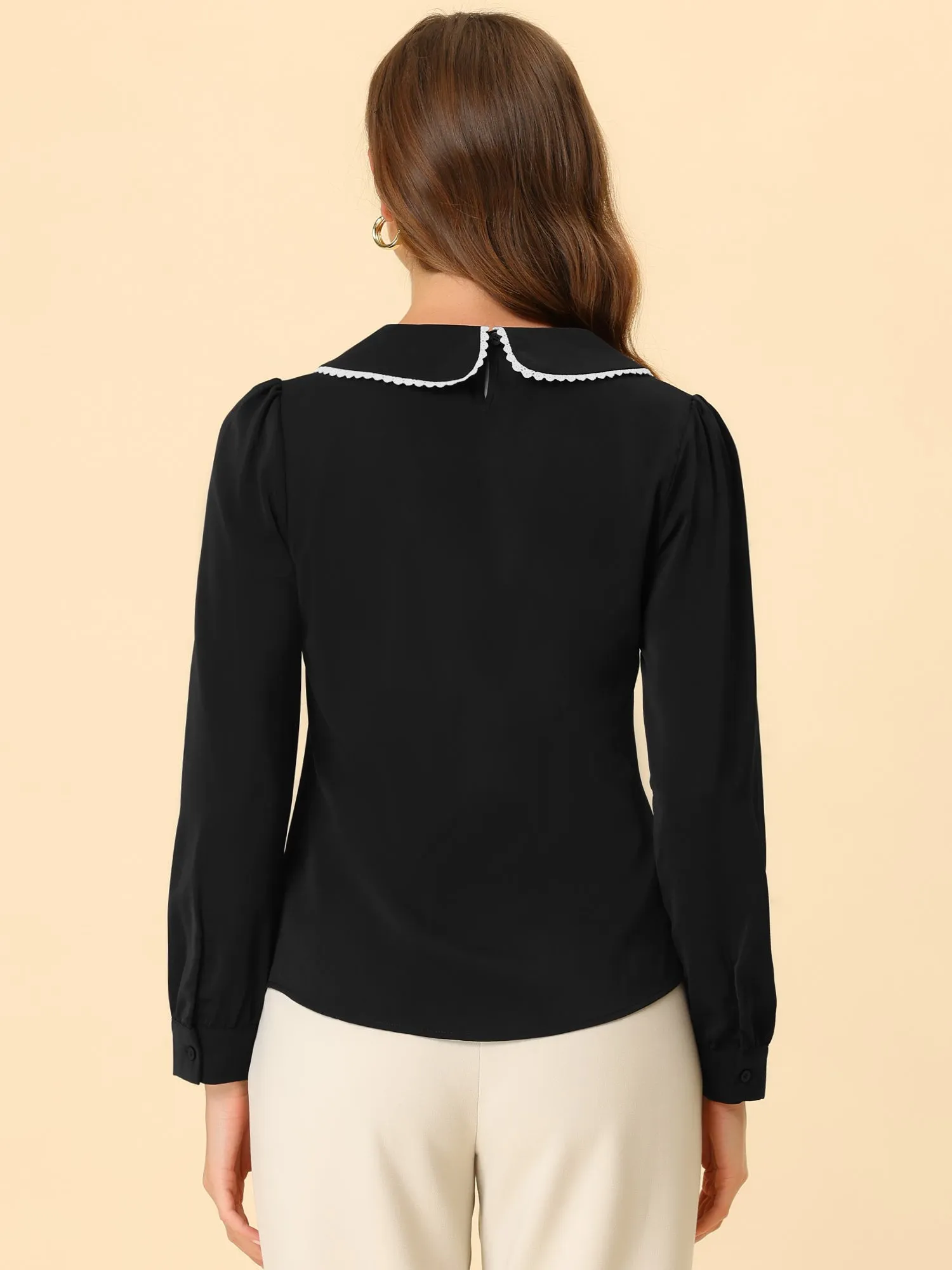 Peter Pan Collar Crochet Trim Long Sleeve Chiffon Office Blouse sold by Allegra K product image thumbnail 4