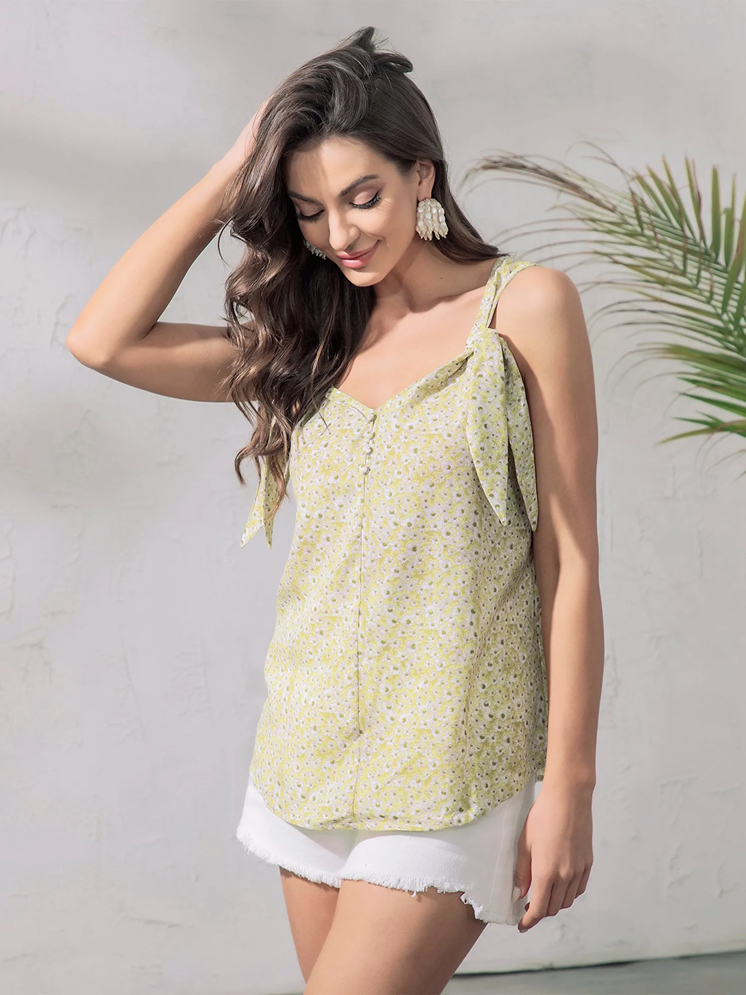 Floral V Neck Knot Shoulder Blouse Cami Tank Beach Summer Top sold by Allegra K product image thumbnail 3