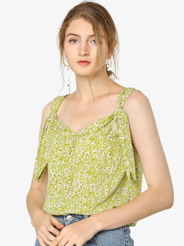 Floral V Neck Knot Shoulder Blouse Cami Tank Beach Summer Top sold by Allegra K