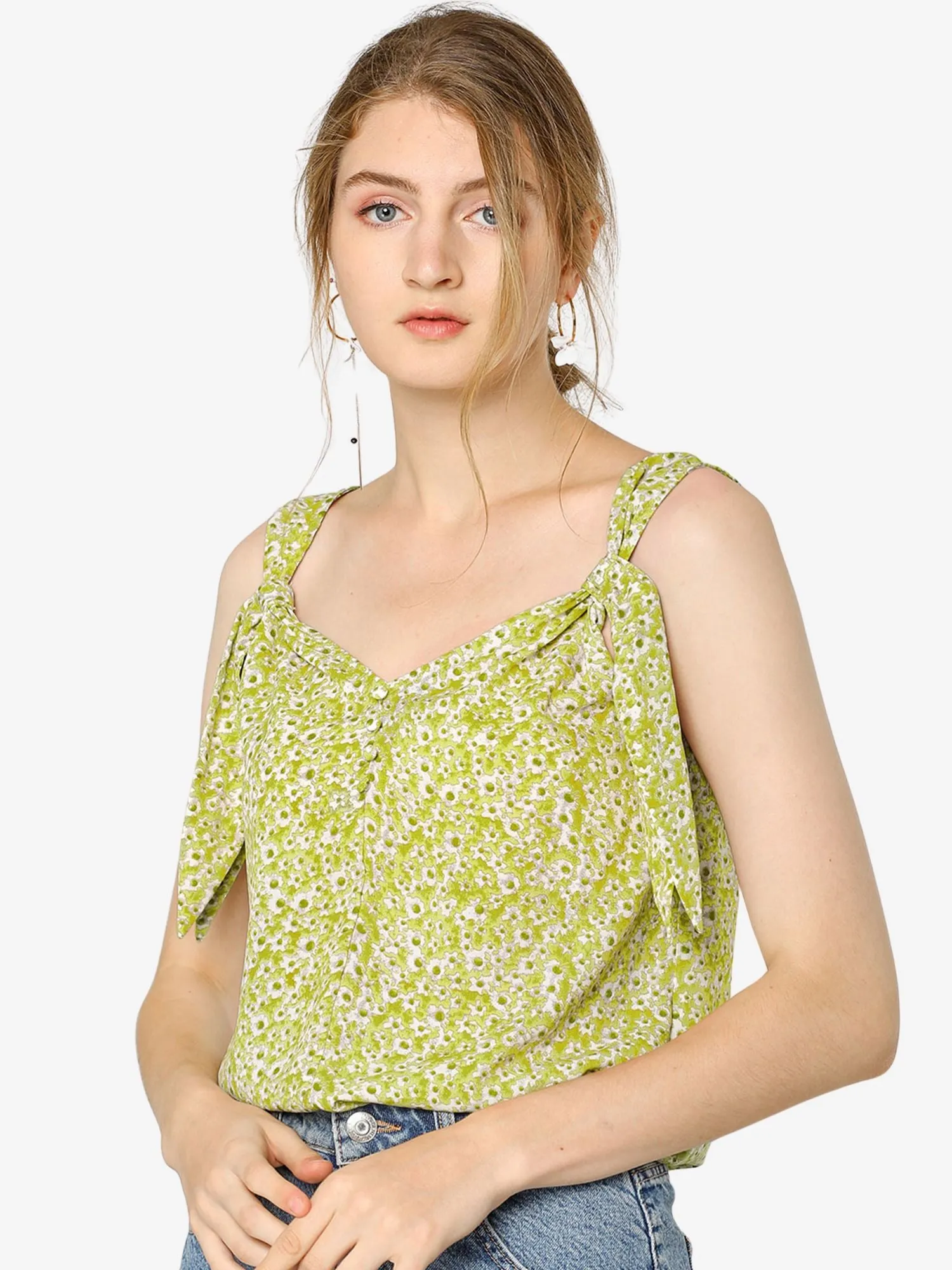 Floral V Neck Knot Shoulder Blouse Cami Tank Beach Summer Top sold by Allegra K