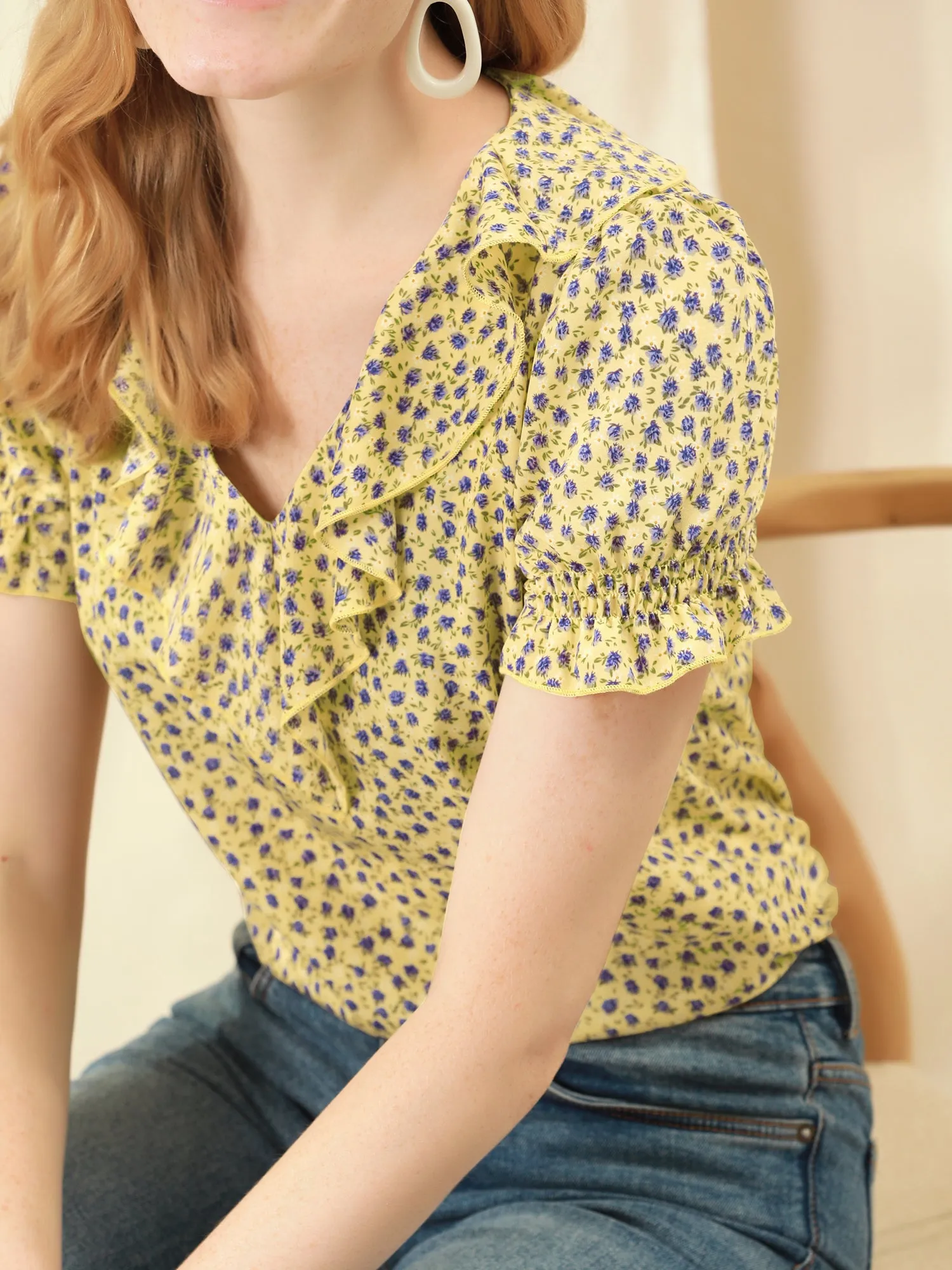 Ruffled V Neck Tops Smocked Short Sleeve Floral Print Peasant Top sold by Allegra K product image thumbnail 5