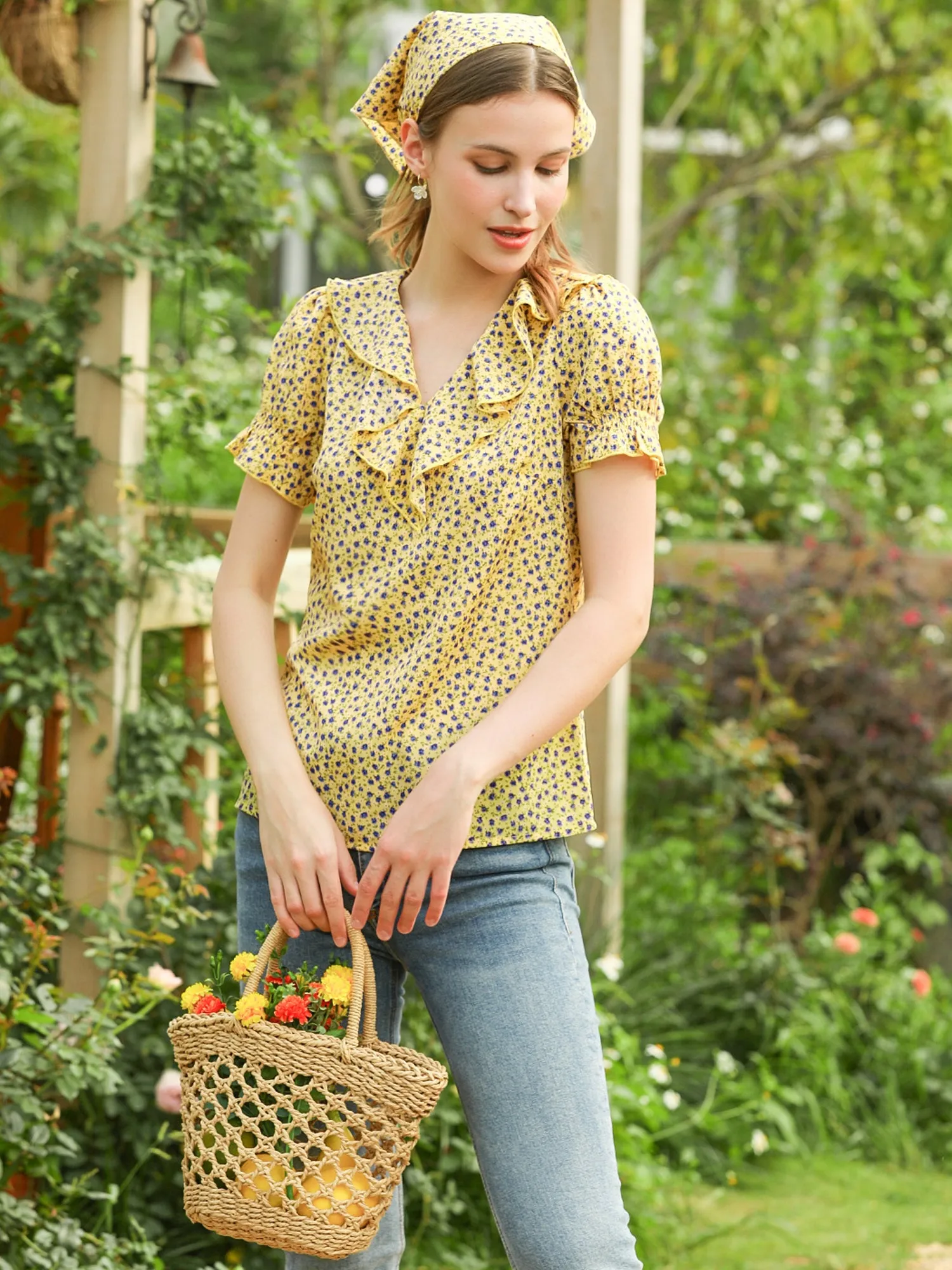 Ruffled V Neck Tops Smocked Short Sleeve Floral Print Peasant Top sold by Allegra K product image thumbnail 2