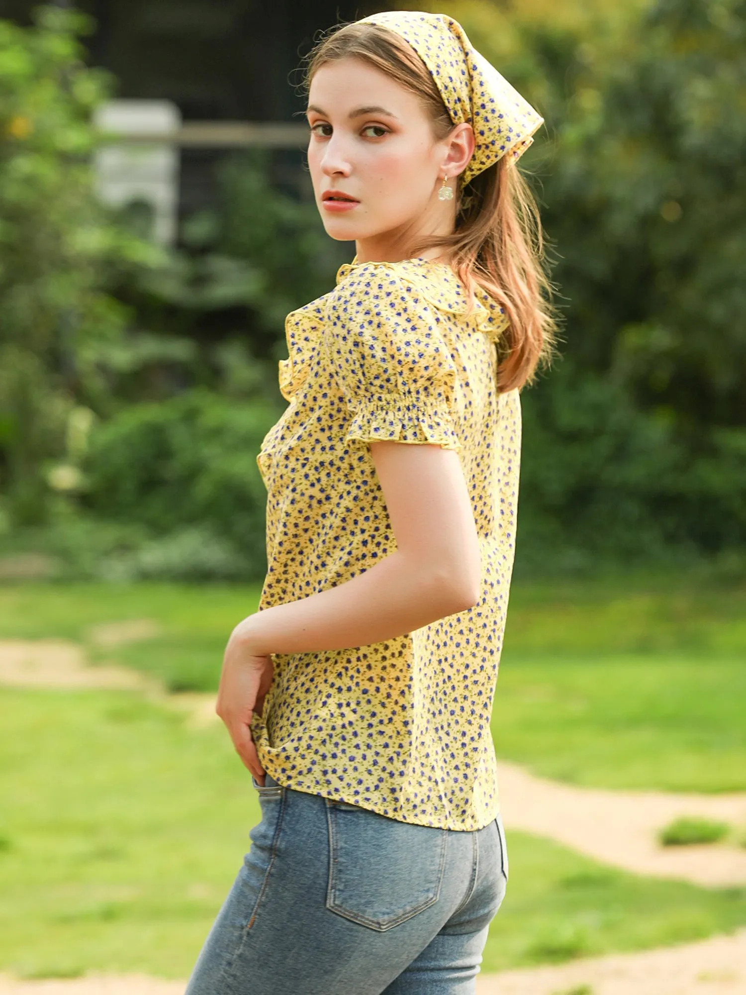 Ruffled V Neck Tops Smocked Short Sleeve Floral Print Peasant Top sold by Allegra K product image thumbnail 3